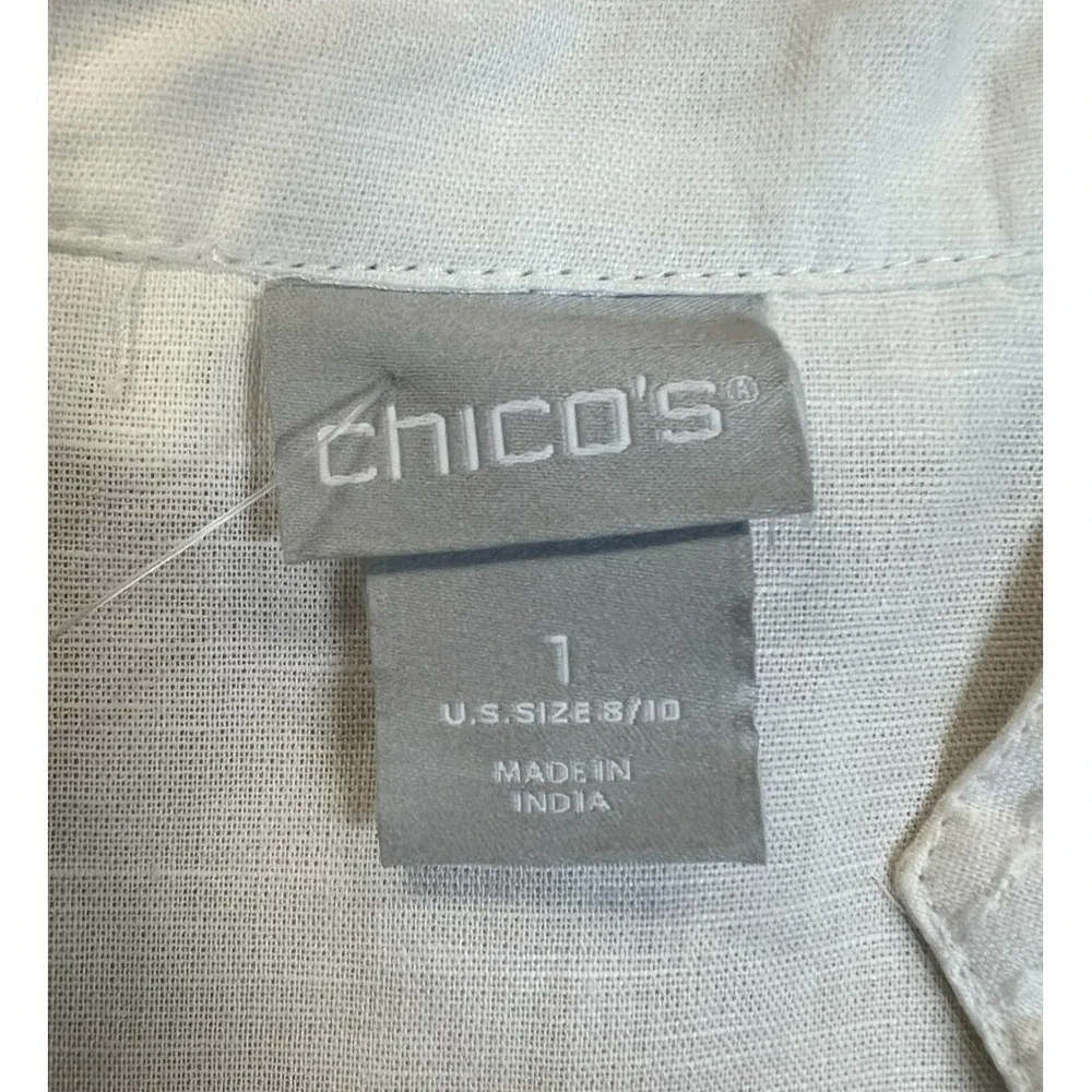 Chico's SZ 1 White Linen Tunic Top Pompom + Fringe Accented‎ V-Neck 3/4 Sleeves